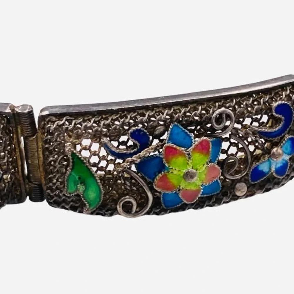 Exquisite Antique Chinese Export Silver Filigree Enamel Bracelet